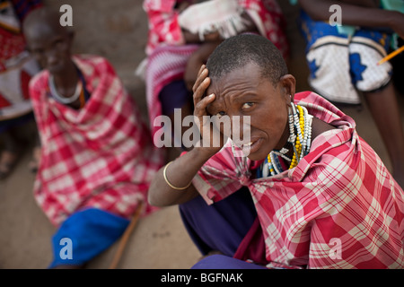 A Maasai woman at a medical dispensary in Tanzania: Manyara Region, Simanjiro District, Kilombero Village. Stock Photo