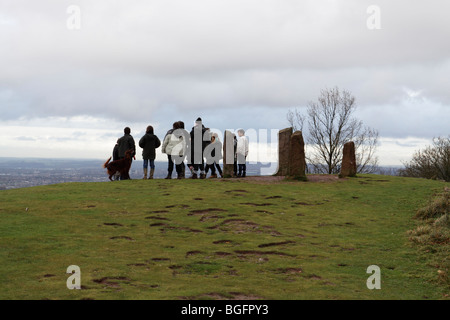 A family enjoying a walk on the Clent Hills, near Birmingham. Picture taken at The Four Stones standing stones Stock Photo