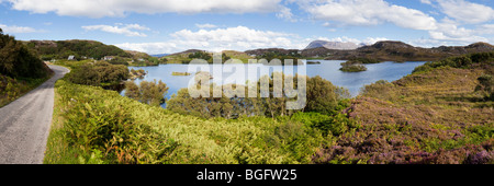 A panoramic view of Loch Drumbeg with Sail Ghorm in the background, Highland, Scotland Stock Photo