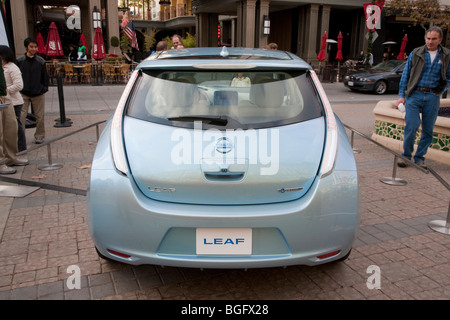 Rear view of a fully electric Nissan Leaf which has no tailpipe since there are no exhaust emissions. Stock Photo