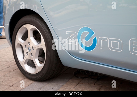 Close up of logo on Nissan Leaf electric car to be released in Fall 2010. Stock Photo