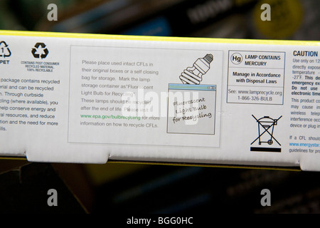 CFL recycling instructions on bottom of CFL packaging next to warning sign stating that  lamp contains mercury (Hg). Stock Photo