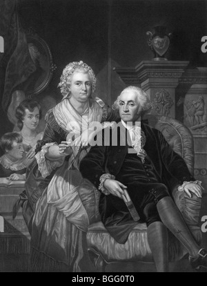 Portrait print c1867 showing George Washington (1732 - 1799) at home with his wife Martha and his stepchildren. Stock Photo
