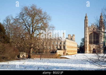 A winter view with snow, Kings College Chapel and Clare College Cambridge, UK, taken from the Backs Stock Photo