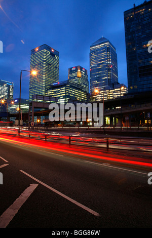 Canary Wharf Tower, HSBC Building and Citi Building seen from Aspen Way, Poplar Stock Photo