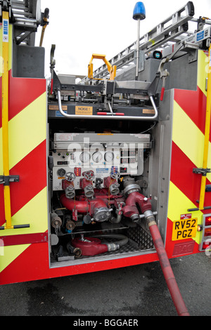 View of the rear of a London Fire Brigade fire appliance (a Dual-Purpose Pump Ladder DPL). Stock Photo