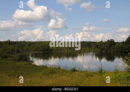 Beautiful lake in a forest under blu sky with cumulus clouds Stock Photo