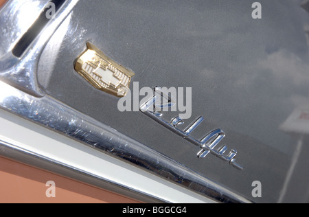 55 Chevy Bel Air Convertible, 50s American icon, badge and name script Stock Photo