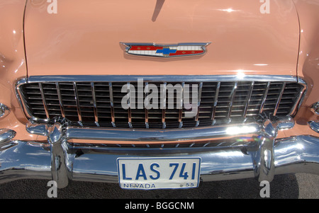 55 Chevy Bel Air Convertible, 50s American icon,  badge, front grill and bumper Stock Photo