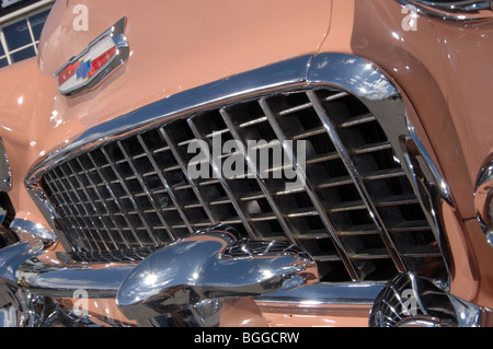 55 Chevy Bel Air Convertible, badge, front grill and bumper Stock Photo