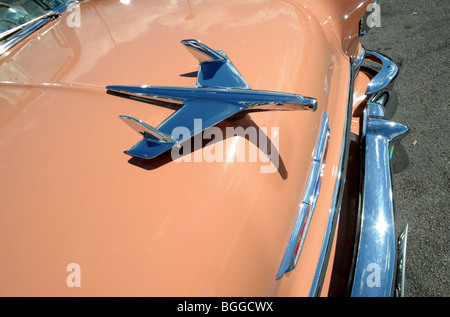 55 Chevy Bel Air Convertible,  jet plane bonnet mascot and badge Stock Photo