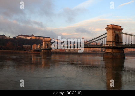 Jan 01, 2010 - Budapest, Hungary - The Chain Bridge with background the Buda. Stock Photo