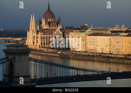 Jan 01, 2010 - Budapest, Hungary - The Chain Bridge with background the Pest. Stock Photo