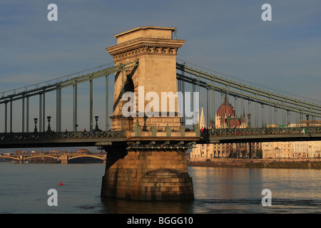 Jan 01, 2010 - Budapest, Hungary - The Chain Bridge with background the Pest. Stock Photo