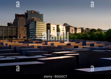 Evening, Memorial to Murdered Jews of Europe, Holocaust memorial in front of high-rise buildings, Potsdamer Platz Potsdam Square Stock Photo