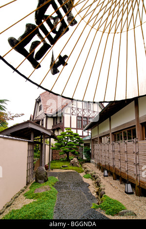 Entrance path leading to Gora Kadan ryokan restaurant,  Japanese inn. Hakone, Japan Stock Photo