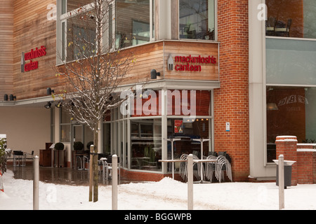 Restaurant at the Chapelfield Shopping Centre - Around Norwich in the UK Snowfall of early January 2010. Stock Photo