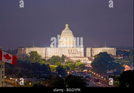 US Capitol at night on July 4, 2008 with tens of thousands in audience to see fireworks display, Washington, D.C. Stock Photo