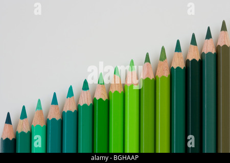 Colored pencils in shades of green Stock Photo