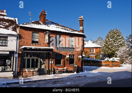 The Crown local village pub in Chalfont St Giles Buckinghamshire UK in Winter snow Stock Photo