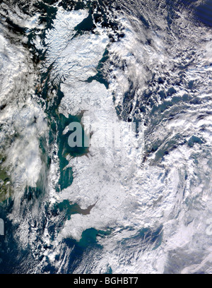NASA satellite image of Great Britain covered in snow and ice, taken on 7th January 2010 Stock Photo