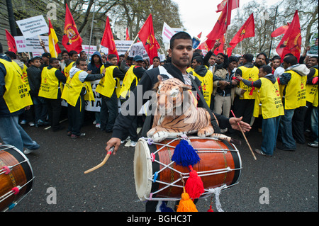 100,000+ Tamil march through London protests the killing of civilians and Tamil Tigers in Sri Lanka.  Drummer with tiger Stock Photo