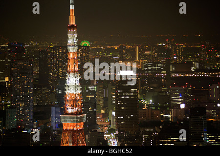 Night view of Tokyo and Tokyo tower from Roppongi Hills Mori Tower, Japan Stock Photo