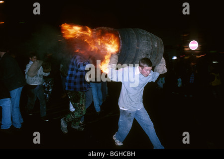 Ottery St Mary. Devon. England. Traditional carnival of Flaming Tar Barrels held annually on November 5th. Stock Photo
