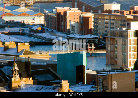 Aerial view of the Unicorn battleship situated in the Victoria Docks at the City Quay in Dundee Stock Photo