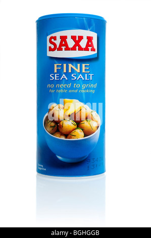 Blue container of Saxa Fine sea  salt Stock Photo