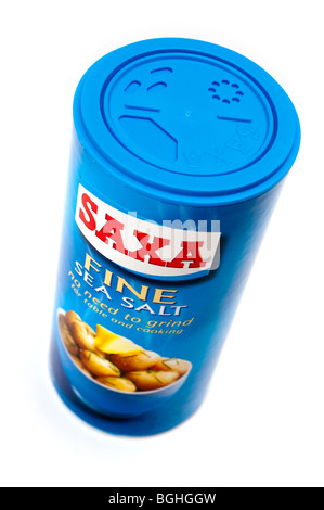 Blue container of Saxa Fine 'sea  salt ' Stock Photo