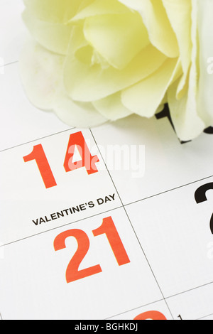 Yellow rose on calendar page showing Valentine's day Stock Photo