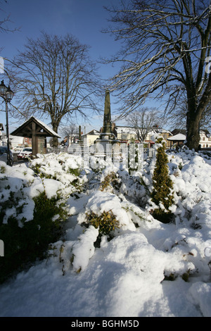 Village of Holt, Wales. Picturesque view of Holt village centre on a cold, snowy winter’s day. Stock Photo