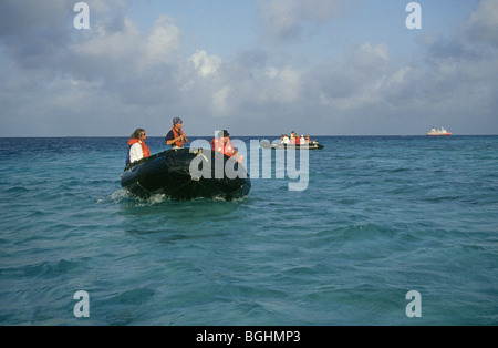 Eco tourists in rafts and zodiaks from a small environmental cruise ship search for whales in the south Atlantic ocean Stock Photo