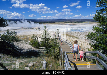 Hikers enjoy a summer day at Norris Geyser Basin in Yellowstone national Park, Wyoming Stock Photo