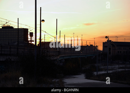 Sunset, Pomona Metrolink Station, Pomona Strand, Old Trafford, Manchester, UK Stock Photo