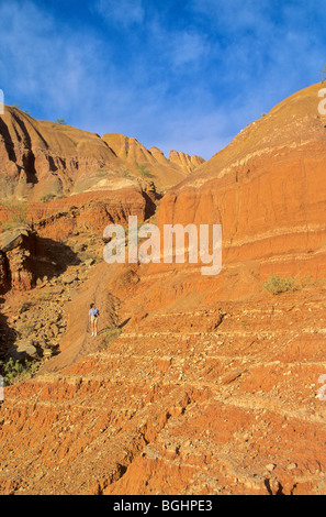 Hiker on trail among cliffs at Palo Duro State Park near Amarillo, Texas, USA Stock Photo