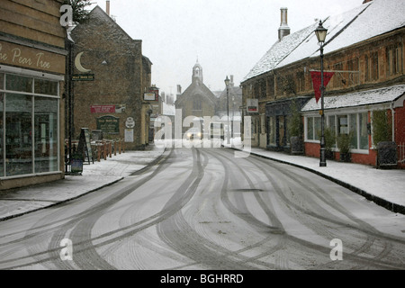 Winter snow and ice turn a normally bustling town center into a ghost town - Sherborne Dorset Stock Photo