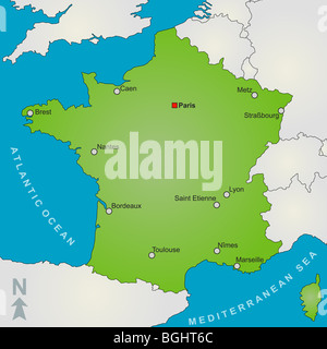 A stylized map of France showing several big cities and nearby countries. Stock Photo