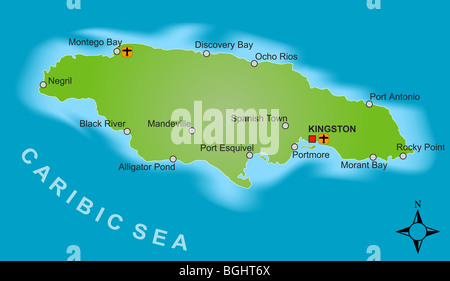 A stylized map of Jamaica showing different big cities. Stock Photo