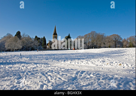St Peter's Church, Southborough, Kent, UK seen in the snow from Southborough Common Stock Photo