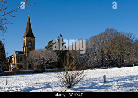 St Peter's Church, Southborough, Kent, UK seen in the snow from Southborough Common Stock Photo