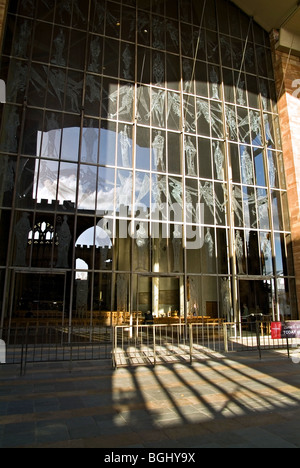 View of the new Coventry Cathedral taken from the steps of the cathedral ruins Stock Photo