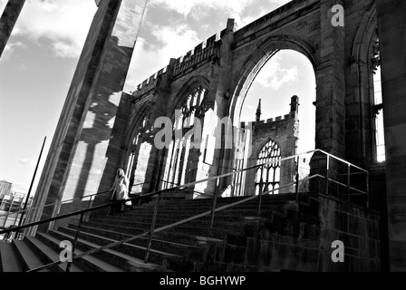 View of Coventry Cathedral ruins, taken from the steps leading to the new cathedral. Stock Photo