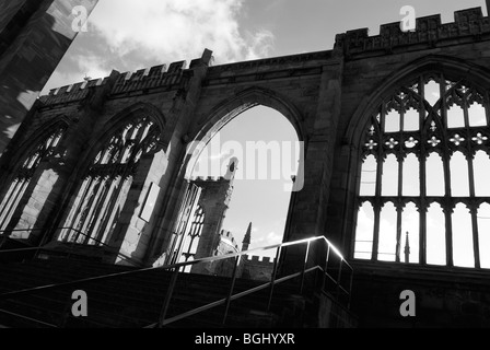 View of Coventry Cathedral ruins, taken from the steps leading to the new cathedral. Stock Photo