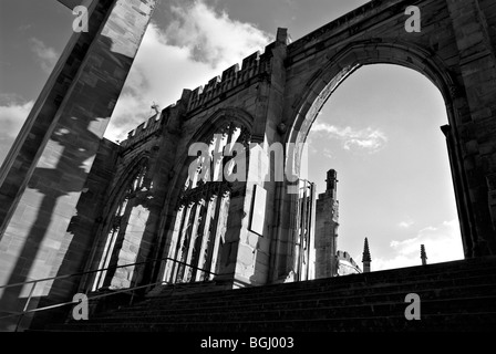 View of Coventry Cathedral ruins, taken from the steps leading to the new cathedral. Stock Photo