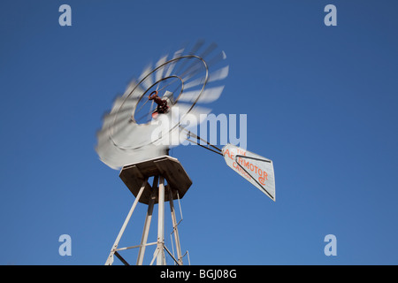 Aermotor Windmill closeup with moving blades in Cayucos, California Stock Photo