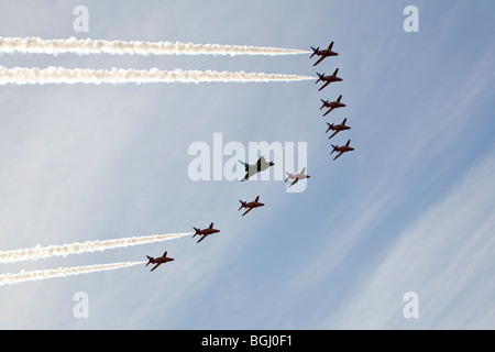 The Red Arrows escorting Eurofighter Typhoon at RAF Leuchars Airshow 2009, Fife, Scotland Stock Photo