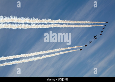 The Red Arrows escorting Eurofighter Typhoon at RAF Leuchars Airshow 2009, Fife, Scotland Stock Photo