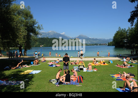 Summer swimming at Bled Lake in Slovenia Stock Photo